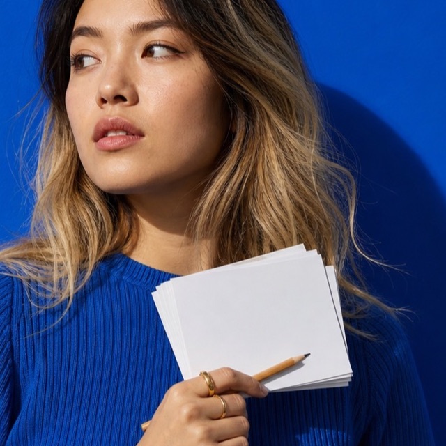 Student reviewing notes against a saturated blue wall