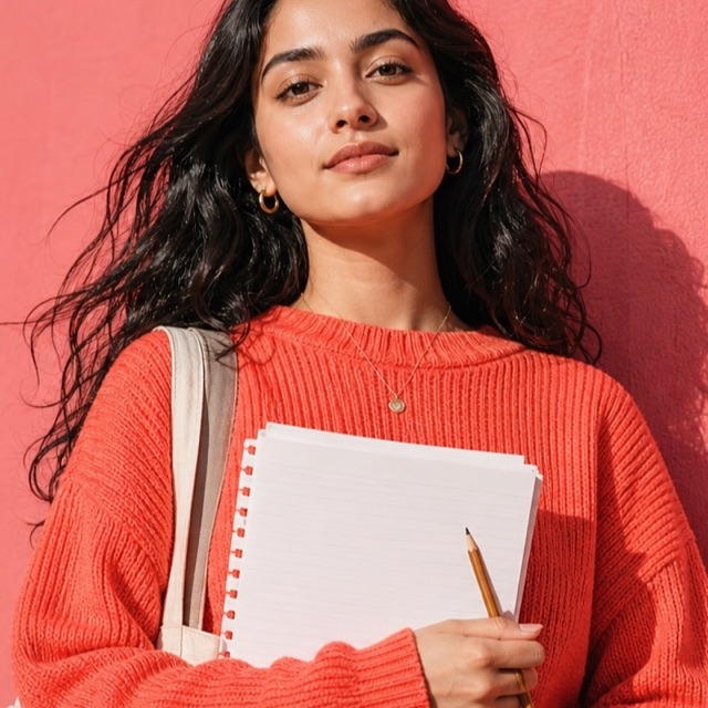Student holding notes against a saturated coral wall