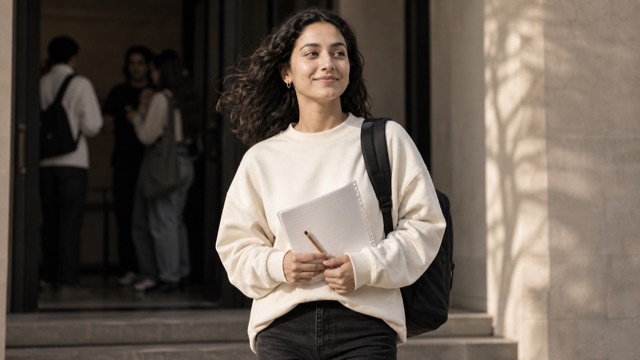 Student leaving an exam building with notes