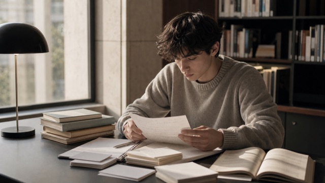 Student studying in a quiet library