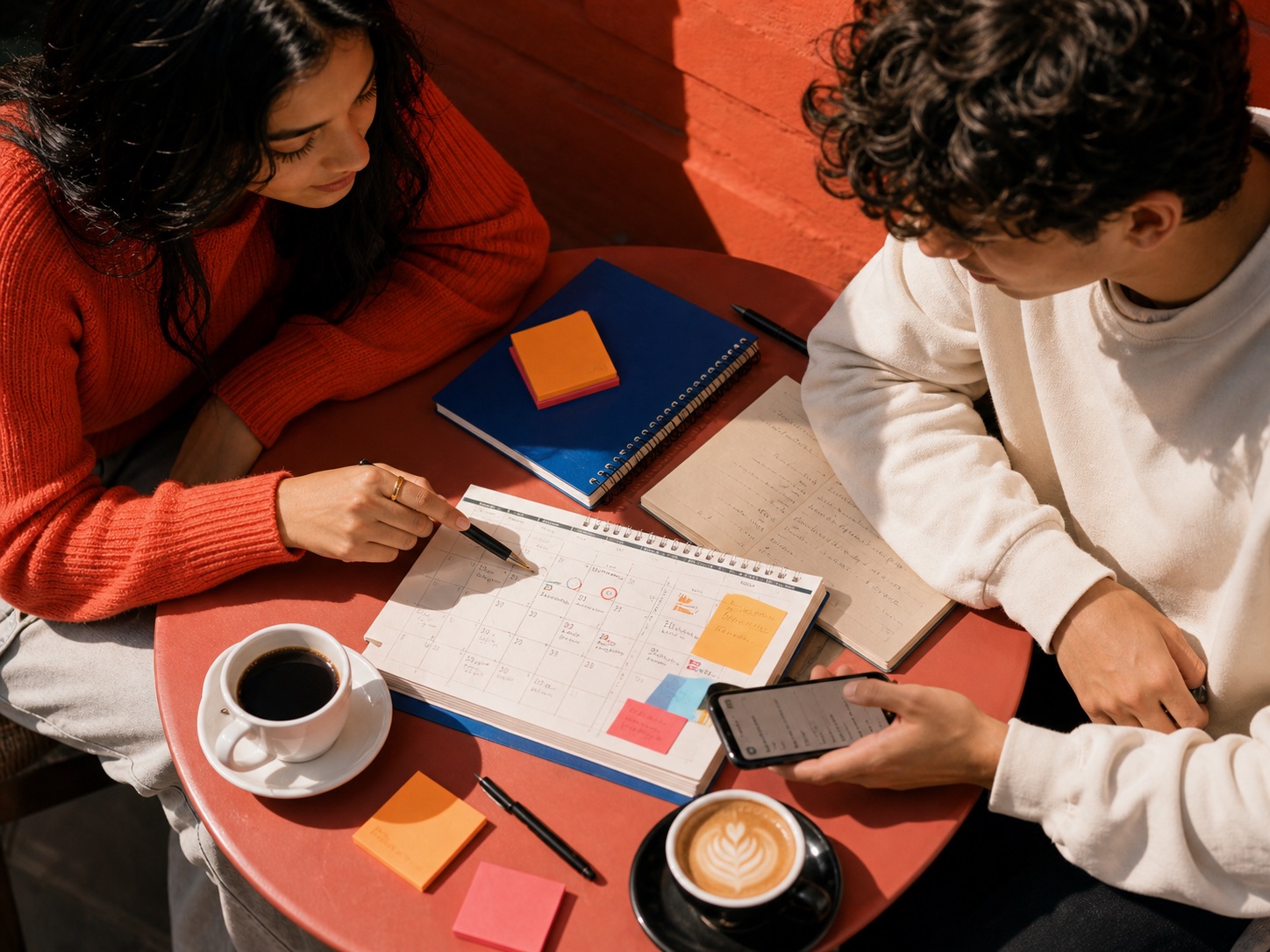 Students planning study priorities over a calendar at a cafe table