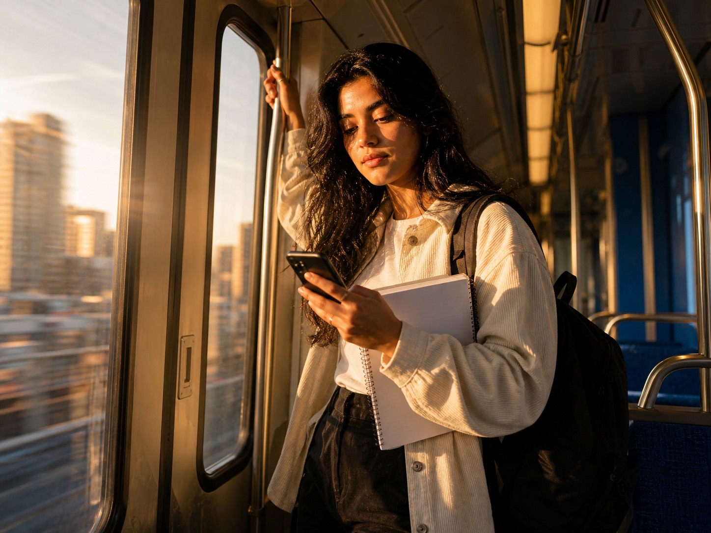 Student checking a study plan on a train commute